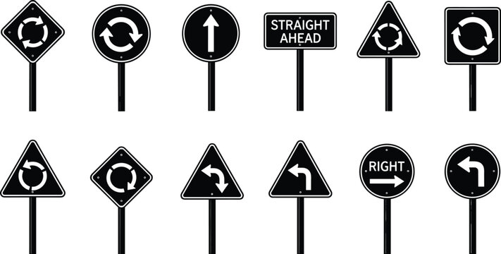 Road traffic signs black icon set, roundabout and direction arrow symbols, straight ahead and turn right warning signs vector illustration.