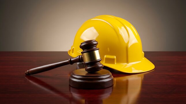 Wooden judge gavel and yellow hard hat on polished mahogany table reflecting labor law construction regulations industrial safety standards justice system and worker compensation