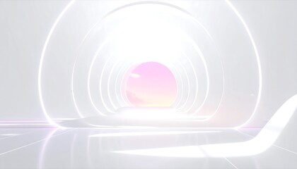 Fototapeta premium A futuristic neon-lit tunnel with a pink sun