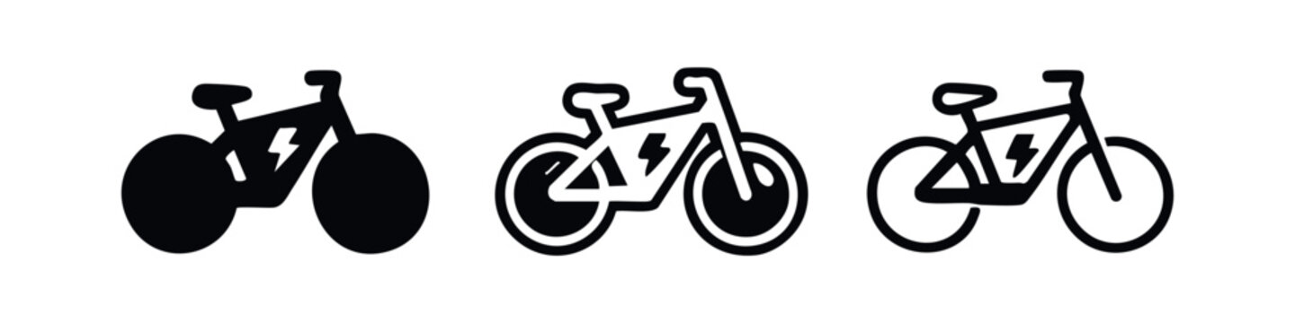 Modern Electric Bicycle Icon Set. Stylized E-Bike Symbol Vector Illustration for Eco-Friendly Transportation.