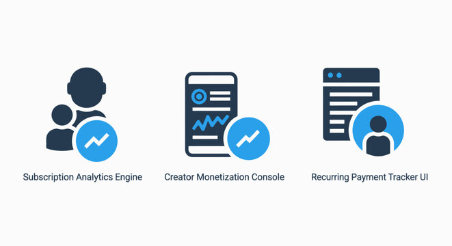Digital subscription and analytics icons: user engagement, monetization, and talent recruitment for modern business platforms