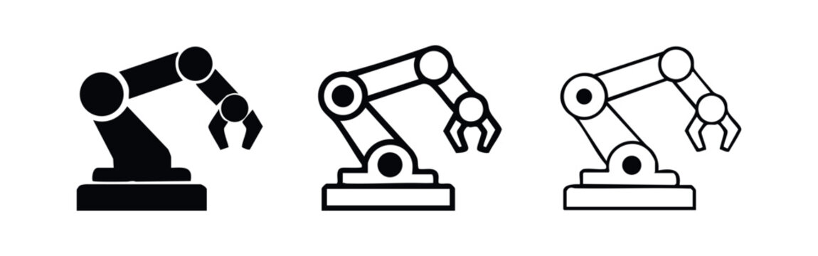 Automated industrial robot arm icon set. Advanced manufacturing and assembly.