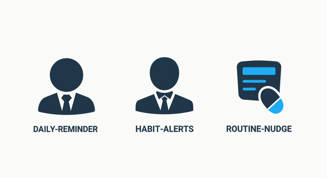 Personal productivity and health management icons for daily reminders, habit alerts, and routine nudges