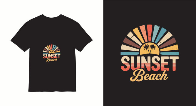 Sunset beach retro style graphic featuring palm trees silhouette and colorful sun rays backdrop