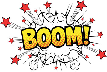 Comic boom explosion text with halftone effect and stars pop art speech bubble vector illustration design © Honey!