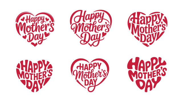 Happy mothers day heart shaped calligraphy typography with cute decorative elements for holiday greeting cards.