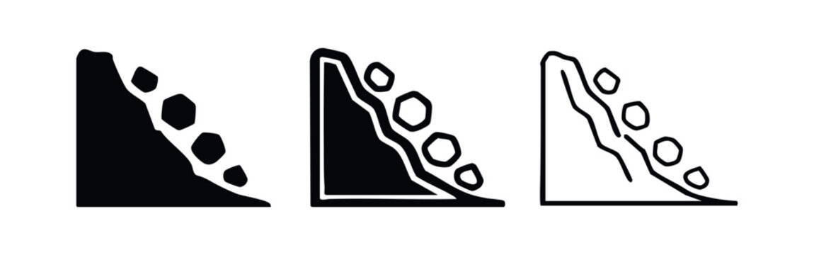 Landslide Rockfall Icons Set. Natural Disaster and Warning Symbols.