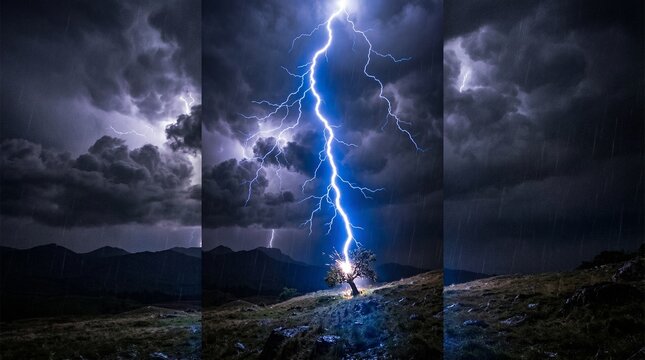 Dramatic bolt of lightning strikes a solitary tree on a desolate hilltop during a powerful storm