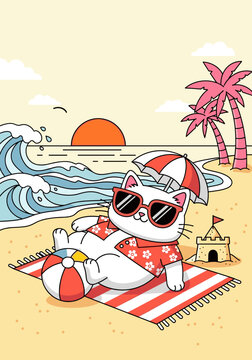 Cute cat relaxing at sunset beach with summer vibes