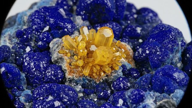 Vibrant blue and yellow crystal cluster formation.