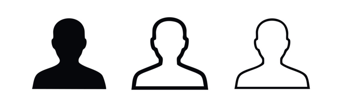User profile icon set. Outline, glyph and silhouette human head and shoulders avatar symbols isolated on white background.