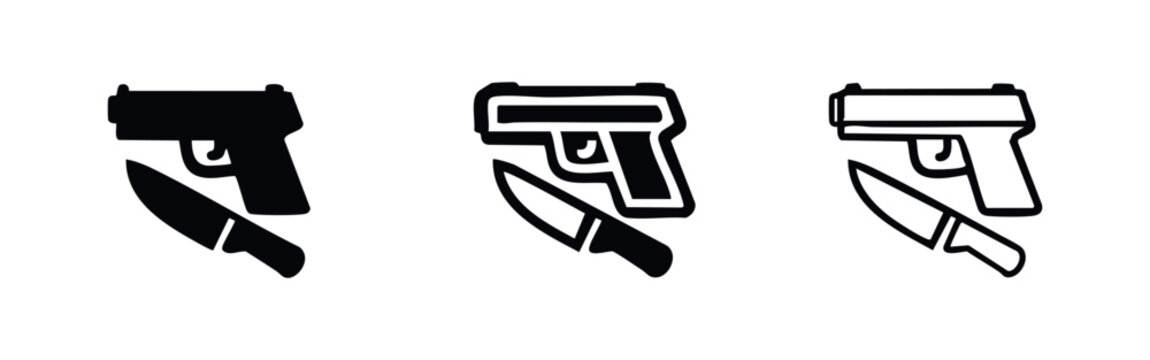 Handgun and Knife Weapon Icons - Crime and Danger Symbols Set