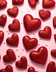 Fototapeta premium A festive pattern of sparkling red heart shapes is scattered across a soft pink background, accented with small confetti pieces.