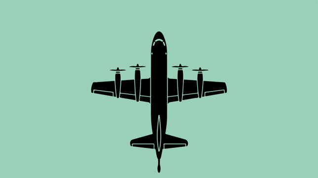 Silhouette of a four-engine turboprop aircraft, top view, on a green background.