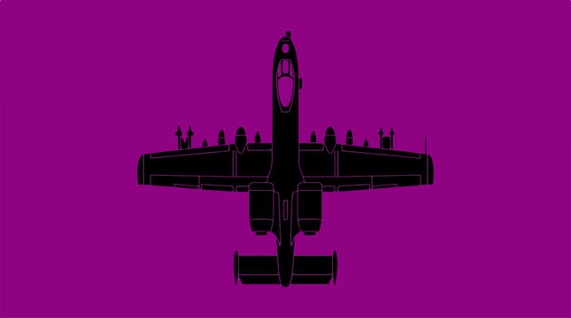 Silhouette of a military aircraft against a vibrant purple background.