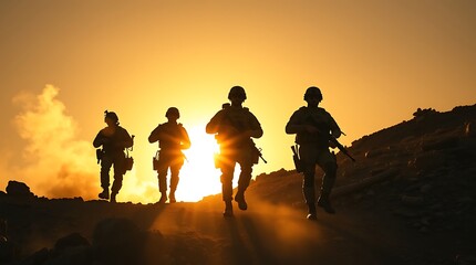 Fototapeta premium Silhouettes of soldiers walking in a line against a sunset sky