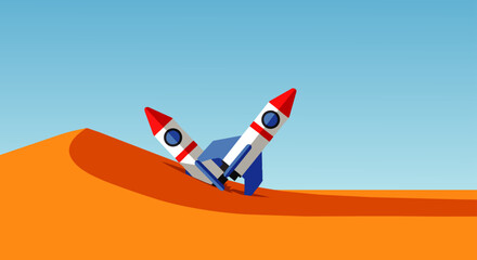 Naklejka premium rocket crash on a sand dune depicts business failure startup setback and technical problem under a blue sky.