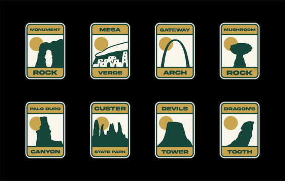 American Peaks National Parks Bundle. Vintage Mountain Stickers, Logos and Icons. Vector Outdoor Adventure Set. Palo Duro, Custer, Devils Tower, Dragons Tooth, Mushroom Rock, Gateway Arch, Mesa Verde.