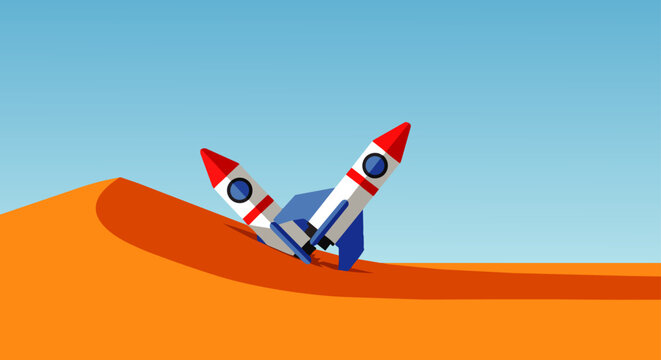 rocket crash on a sand dune depicts business failure startup setback and technical problem under a blue sky.