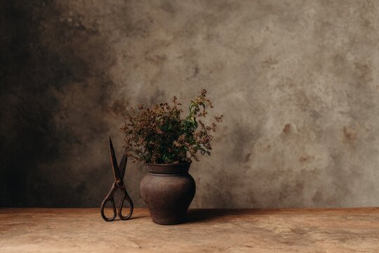 Rustic arrangement featuring dried flowers in dark pot with vint