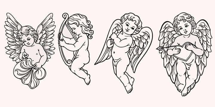 Vintage illustration of four cherubic angels with bows and arrows