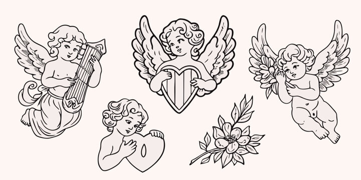 Vintage cherub illustrations with musical instruments and floral details