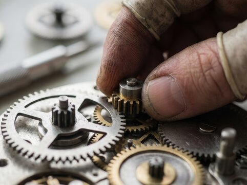 Close-up of skilled hand adjusting small brass gear among intricate metal cogs, symbolizing precision engineering, problem solving and fine-tuning complex mechanical systems

