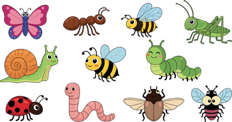 Cute insects cartoon vector set butterfly bee ant grasshopper snail worm ladybug collection isolated colorful children illustration © Honey!