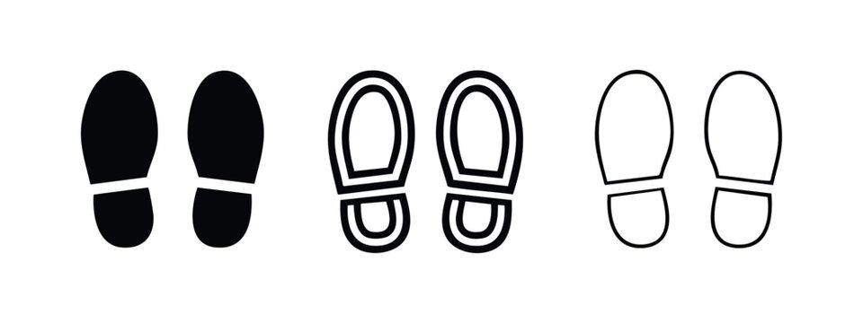 Shoe Prints Icon Set. Footwear marks, walking, and tracking symbol in black and white styles.