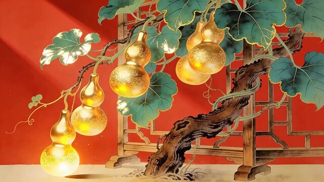 Golden Crane Flying Near Pine Tree Traditional Lucky Art Animation