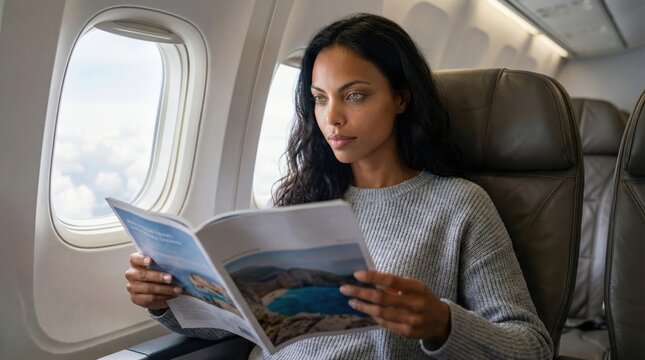 Woman reading in-flight magazine by window. She looks relaxed and engaged with travel inspiration.