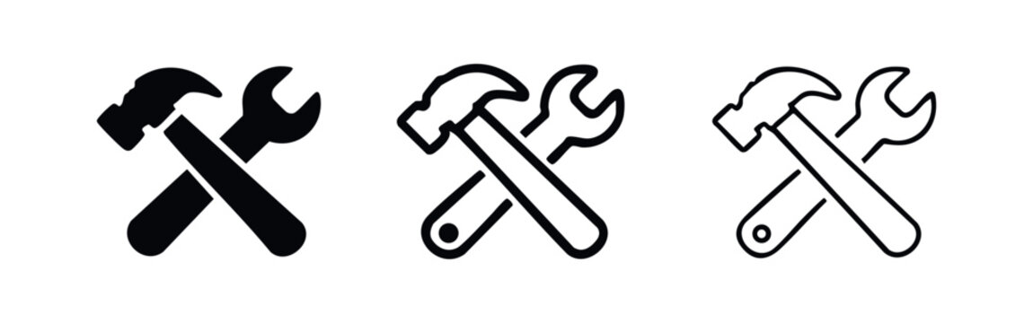 Tools and service icon set. Crossed hammer and wrench symbol in black and outline styles. Repair and maintenance concept.