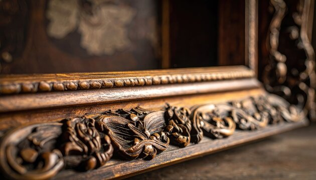 An ornate, antique wooden picture frame with intricate carvings.