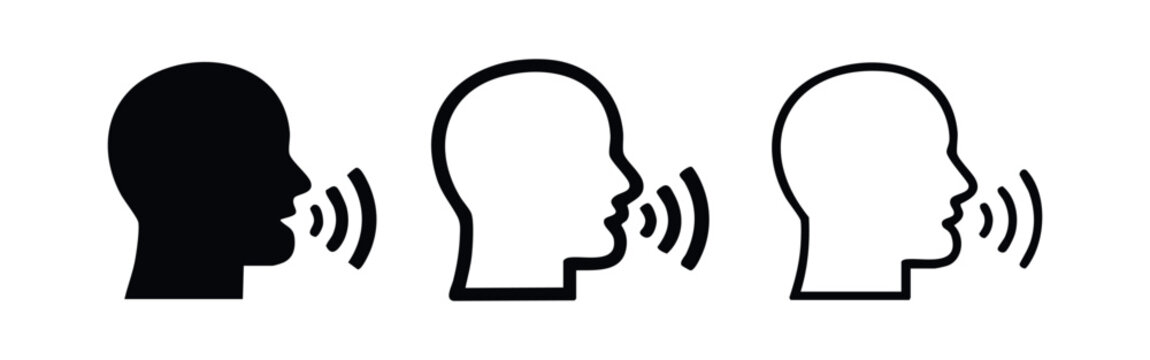 Speech, Voice, and Talking Icon Set. Human head profile with sound waves representing communication.