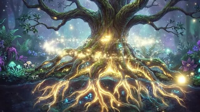 Mystical Tree of Life with Glowing Roots in an Enchanted Forest. Fantasy illustration of ancient luminous tree.