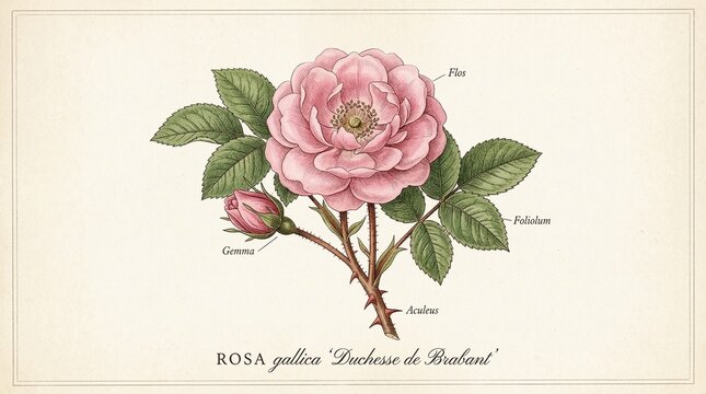 Detailed botanical illustration of a pink Rosa gallica 'Duchesse de Brabant' rose with annotations, showcasing its bloom and bud
