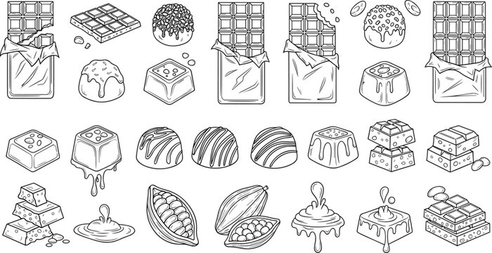 Collection of chocolate vector illustrations including bars truffles cocoa beans and melted drips in a clean line art style