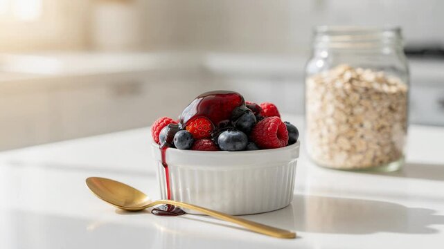 Fresh mixed berries with chocolate sauce in white bowl with golden spoon on kitchen table