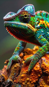 A macro shot captures the vibrant, intricate details of a chameleon's scales.