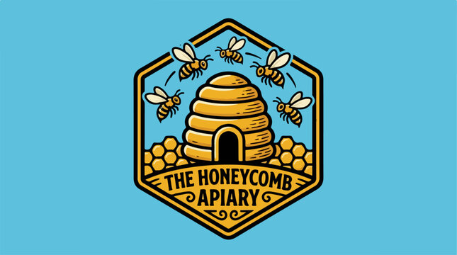 The Honeycomb Apiary Logo - A Detailed Illustration of Bees and Hive.