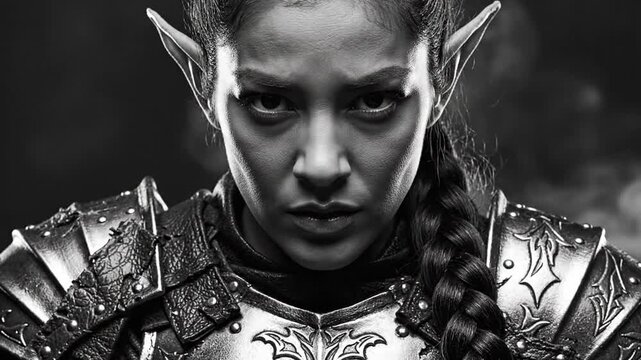 Close-up portrait of a young woman appearing as a fantasy elf character with prosthetic pointed ears and intricate braided hair, highlighting artistic makeup and mythical aesthetic.