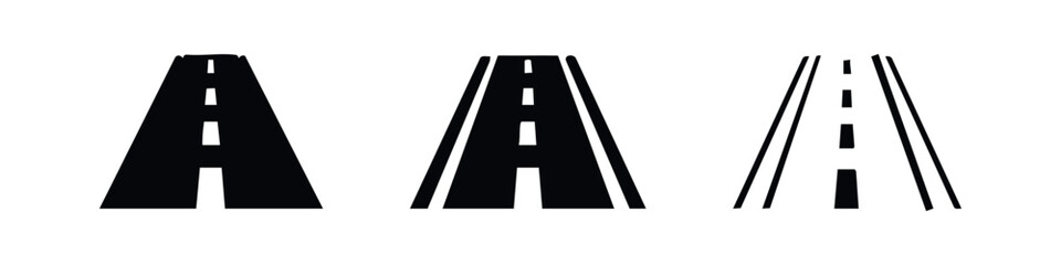 Straight road icon set. Highway path symbol in solid, outlined bold, and outlined thin styles for travel and direction. © liubomir118809