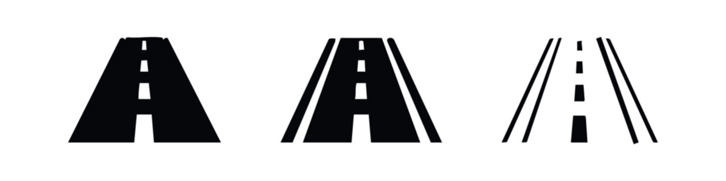 Straight road icon set. Highway path symbol in solid, outlined bold, and outlined thin styles for travel and direction.