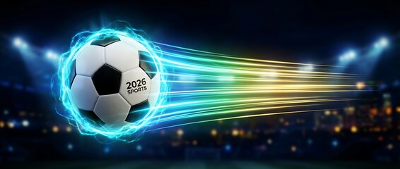Naklejka premium Soccer ball with 2026 sports logo glowing electric energy trails streaking across dark stadium background championship event.