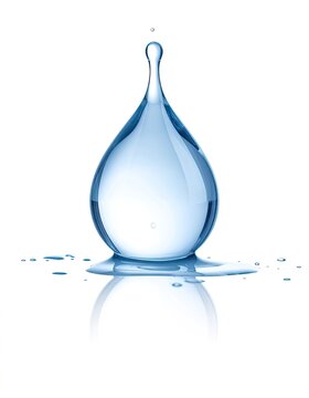 A dynamic water drop splashes and creates a ripple effect on a white background.