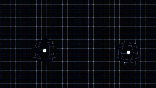 Abstract representation of gravitational waves distorting spacetime with two celestial bodies.