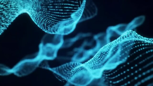 Expansive video of luminescent electric blue and deep teal digital particles forming intricate neural network patterns against a deep dark abstract background with a slow dolly push-in. Concept of