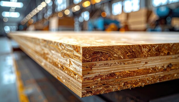 Close-up of layered engineered wood panels in a factory setting.