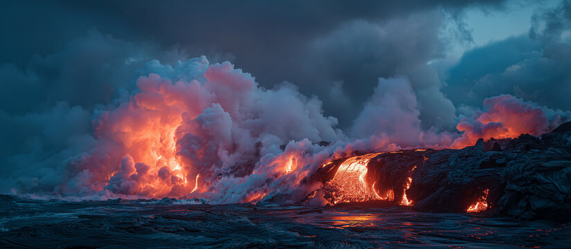 molten volcano eruption lava field magma sunset ocean clouds