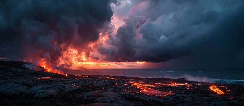 molten volcano eruption lava field magma sunset ocean clouds